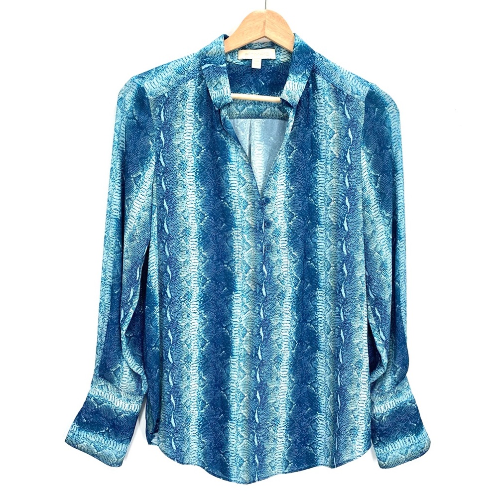 Etcetera Blue Snake Print Split Neck Long Sleeve Tunic Top Size 00 Career